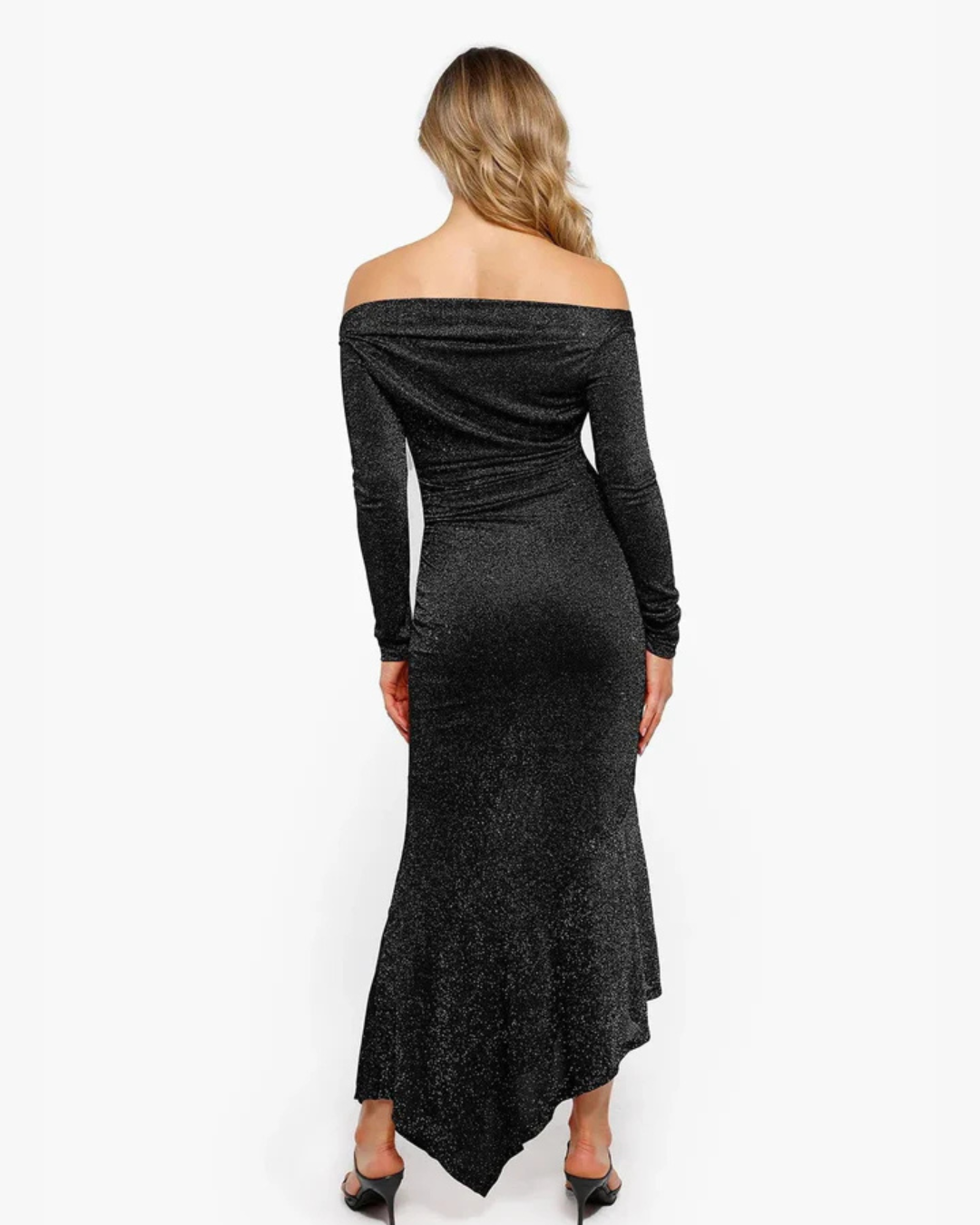 Vestido de Festa Justo com Efeito Cintilante e Mangas Compridas