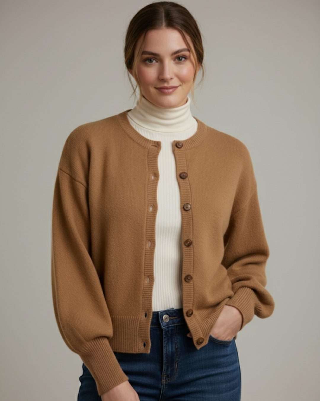 Casaco de malha com fecho de botões e corte clássico para mulher