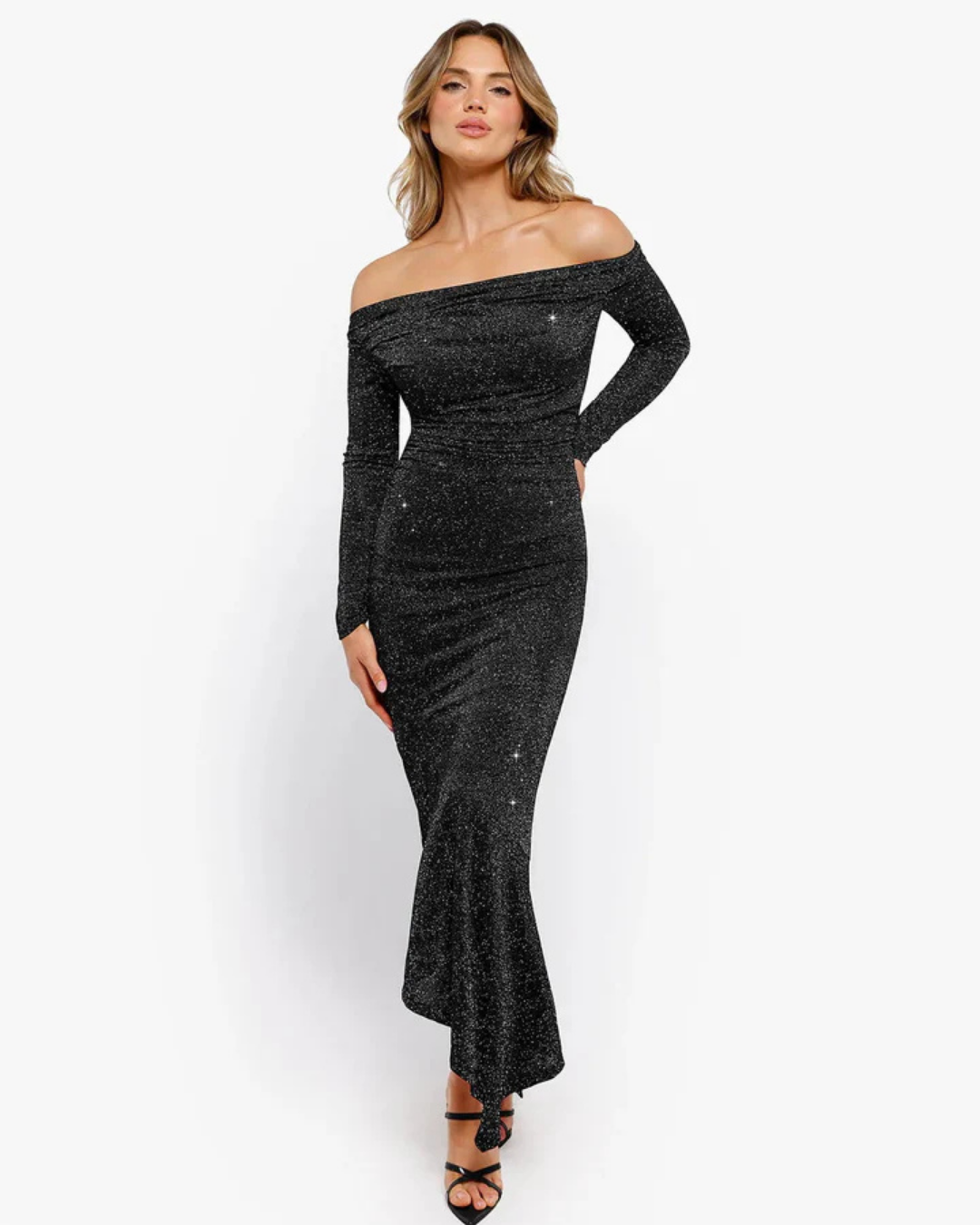 Vestido de Festa Justo com Efeito Cintilante e Mangas Compridas