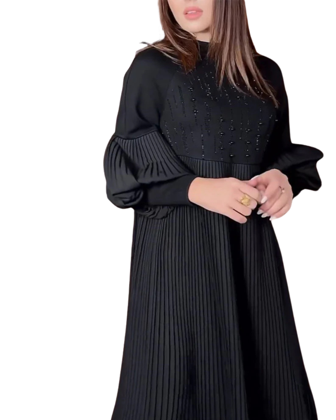 Vestido Elegante com Mangas Bufantes e Detalhes Plissados