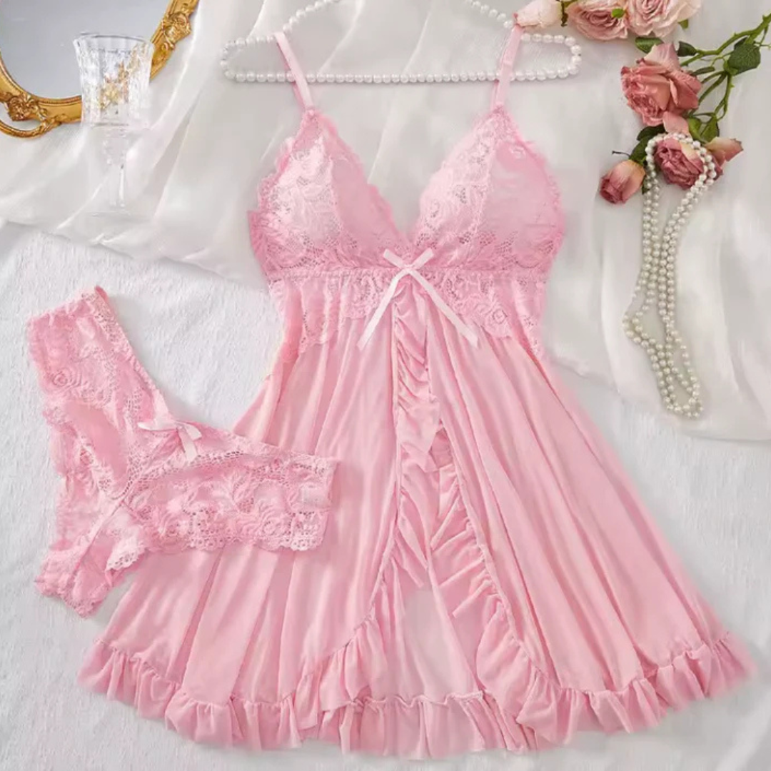 Camisa de Noite com Renda Floral e Folhos Suaves para Noites Românticas e Elegantes (OFERTA 2X1)