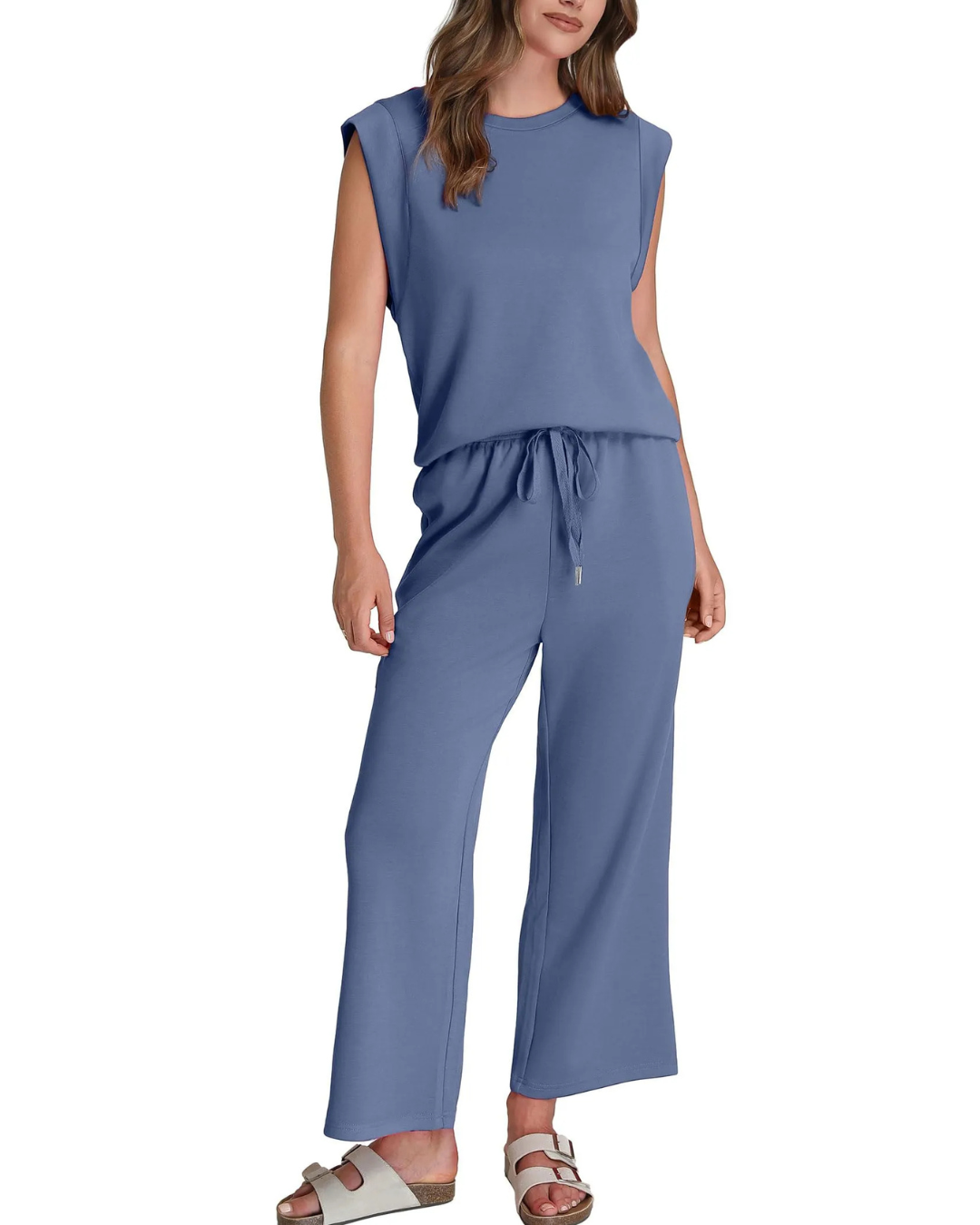 Conjunto feminino de duas peças com top largo de manga curta e calças Colgadas