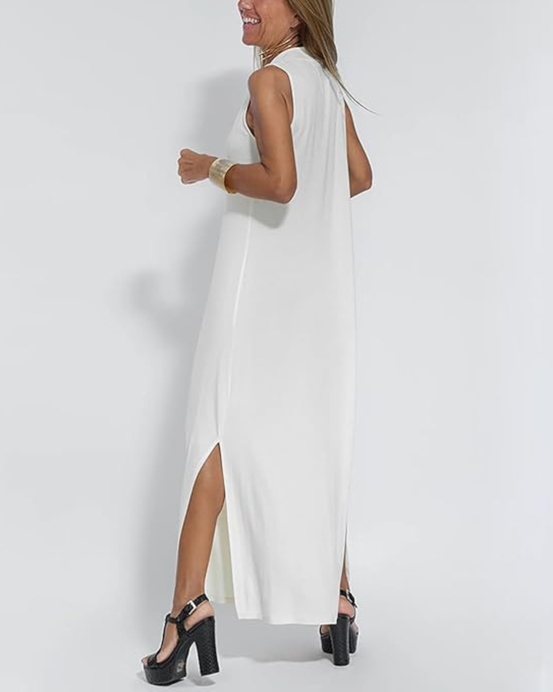 Vestido comprido elegante sem mangas para mulher