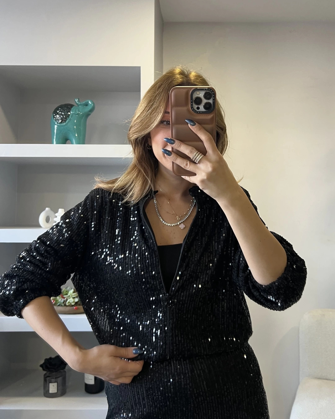 Conjunto Casual Feminino de Lantejoulas com Gola Redonda, Fecho de Correr e Calças