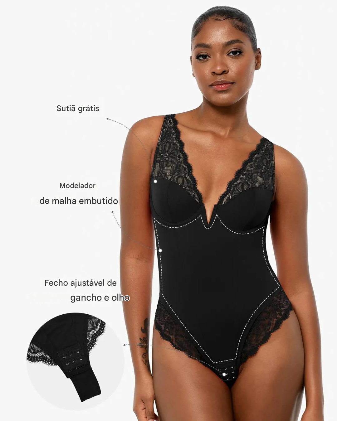Body Modelador com Decote em V Profundo e Inserção de Renda