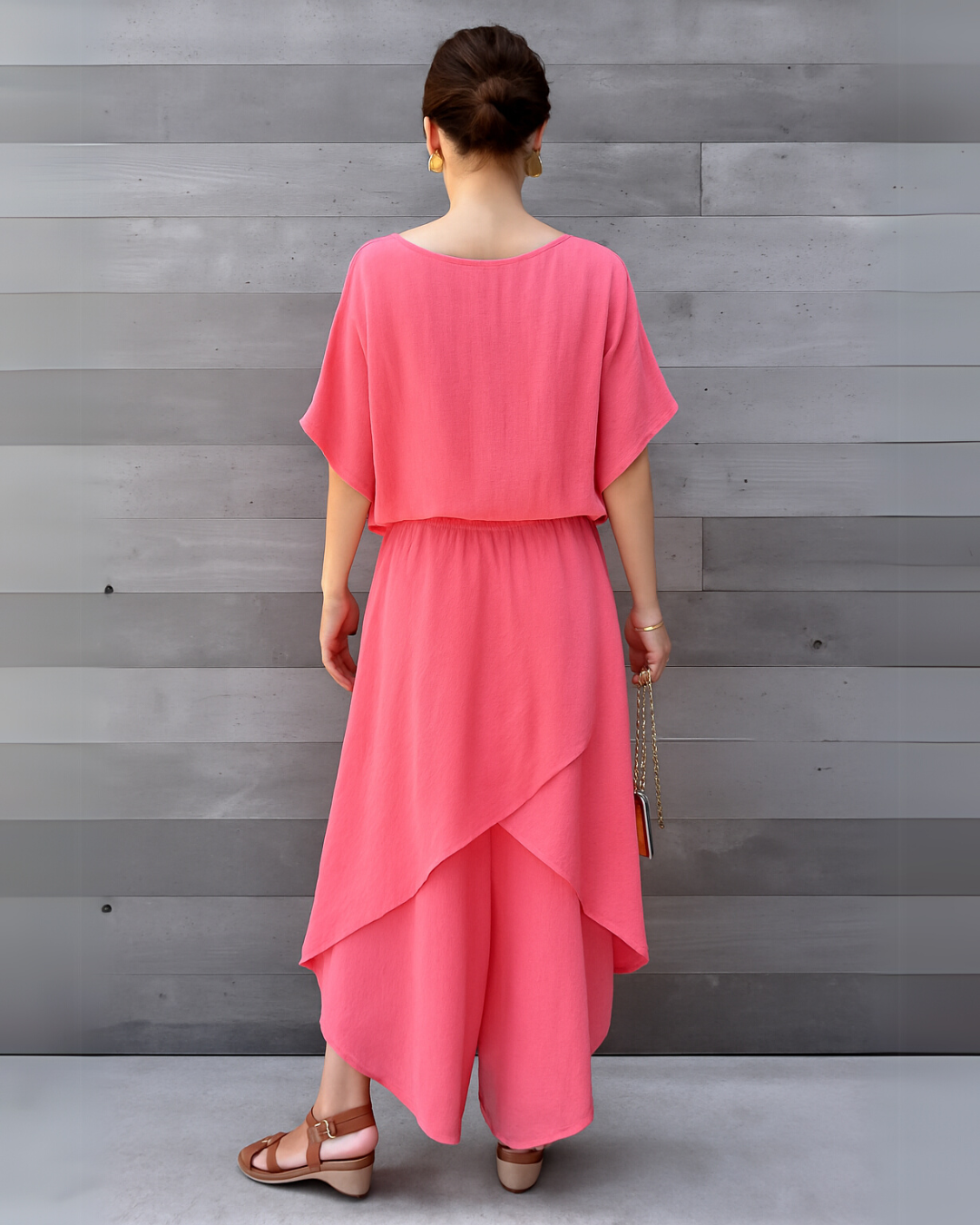 Conjunto de 2 peças com blusa folgada e calças largas com fenda