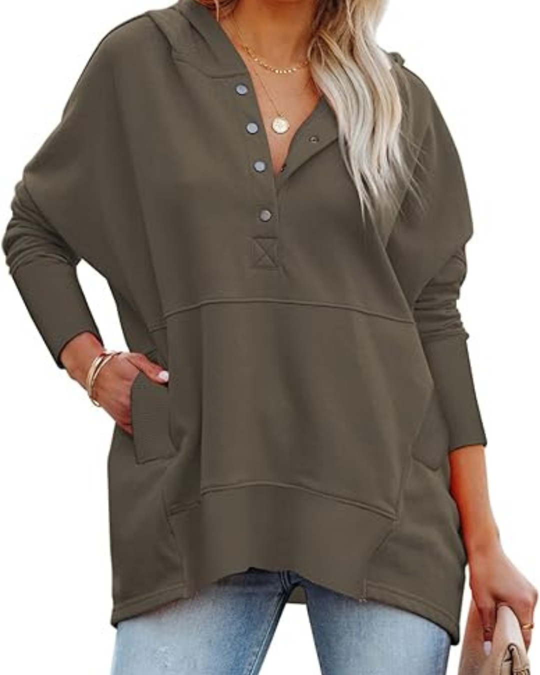 Camisola de Manga Comprida de Tamanho Grande com Decote em V e Botões