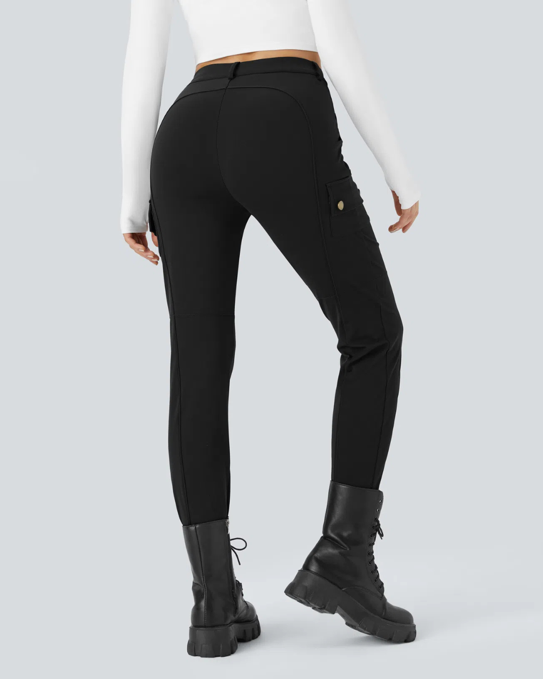 Calças de Passeio Lisas e Ajustadas com Cintura Alta e Vários Bolsos para Mulher