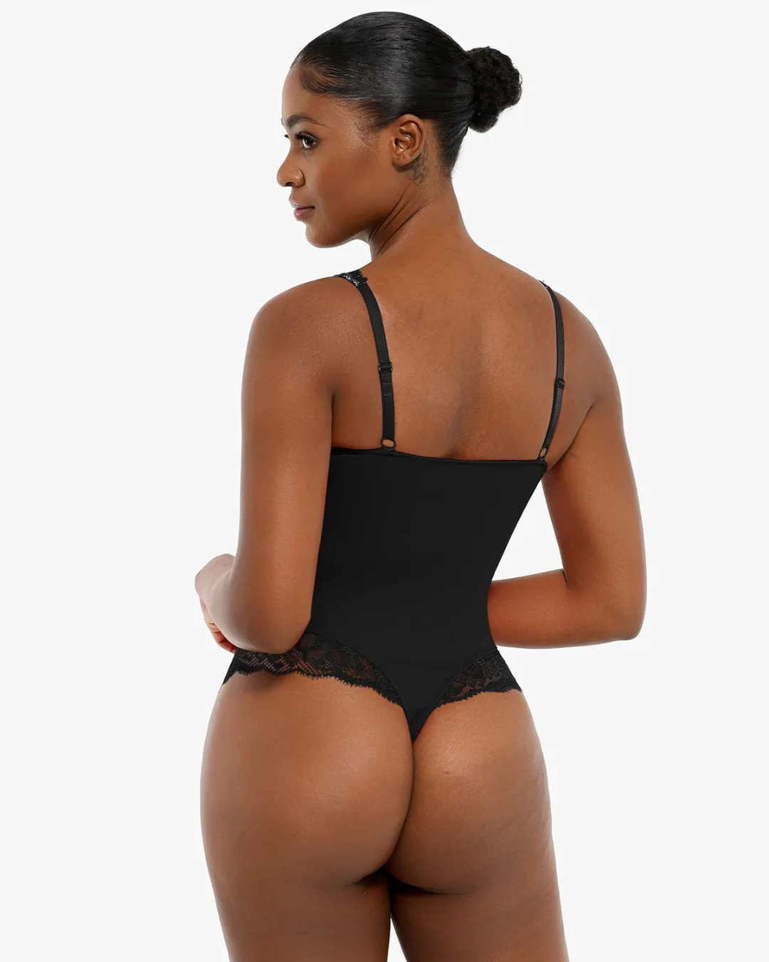 Body Modelador com Decote em V Profundo e Inserção de Renda