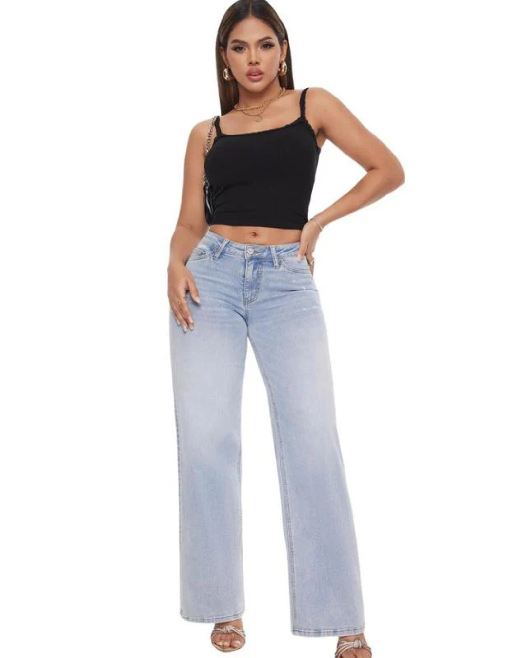 Calças de Ganga Largas de Cintura Média-Baixa para Mulheres