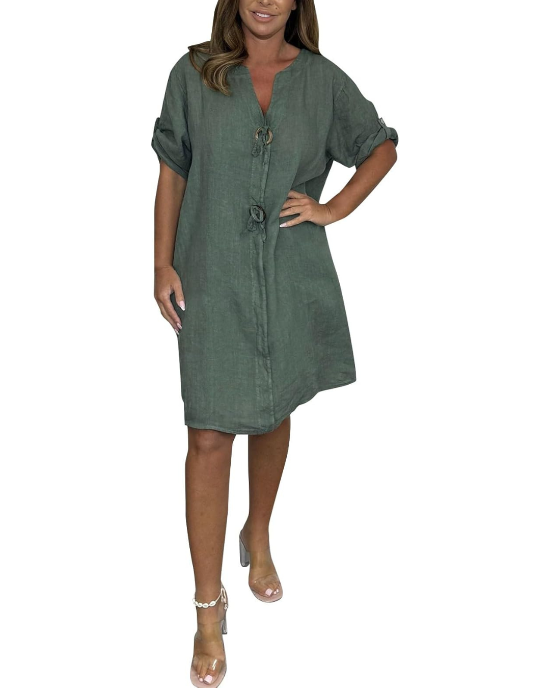 Vestido de linho com mangas compridas e botões elegantes