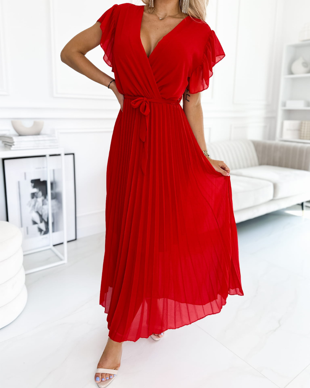 Vestido Comprido Plissado com Cintura Cruzada