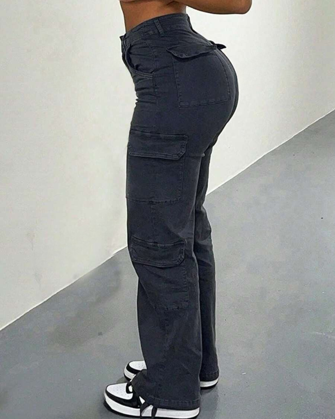 Calças de Cintura Alta Cargo para Mulher com Vários Bolsos