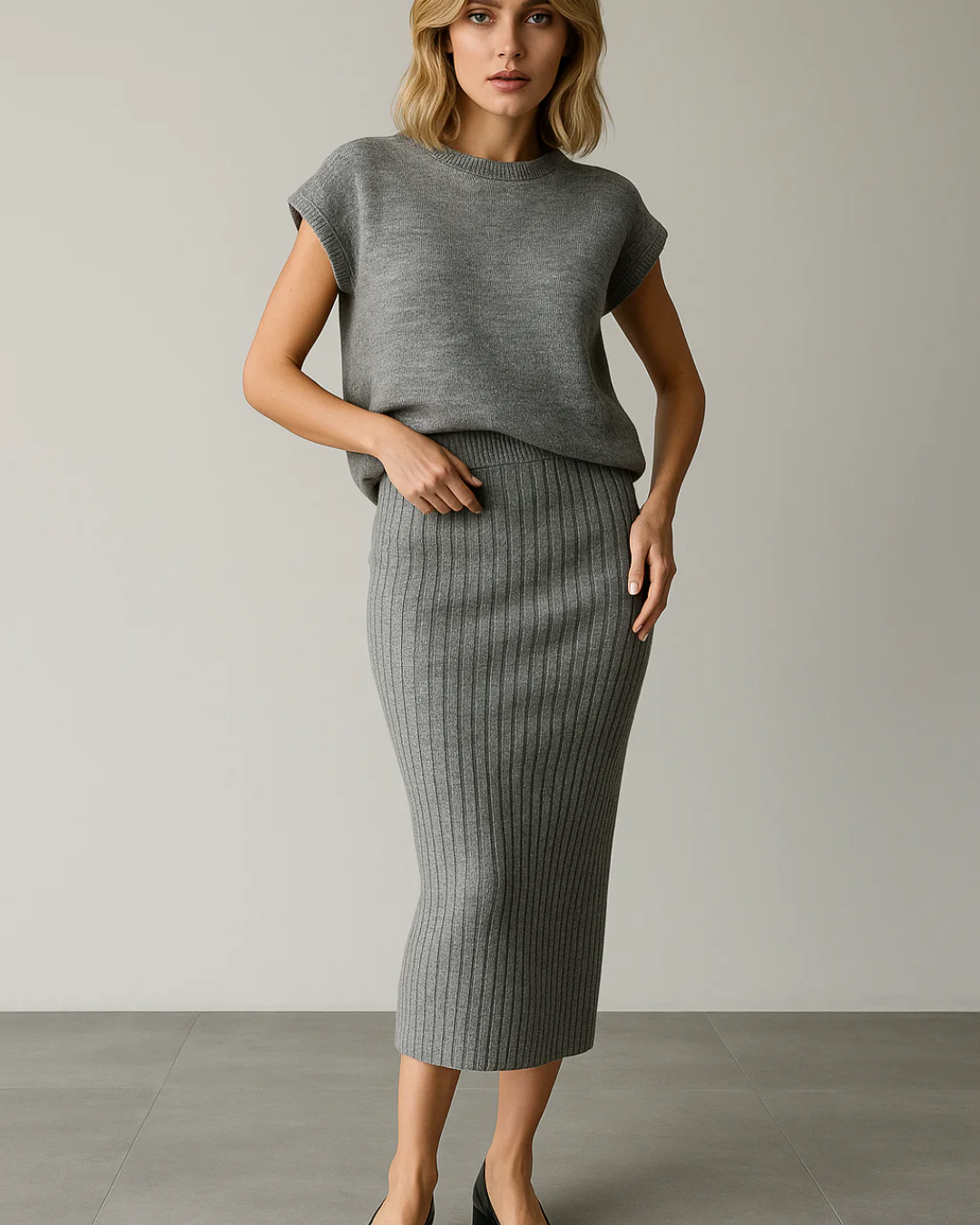 Conjunto de top sem mangas e saia longa justa para mulher