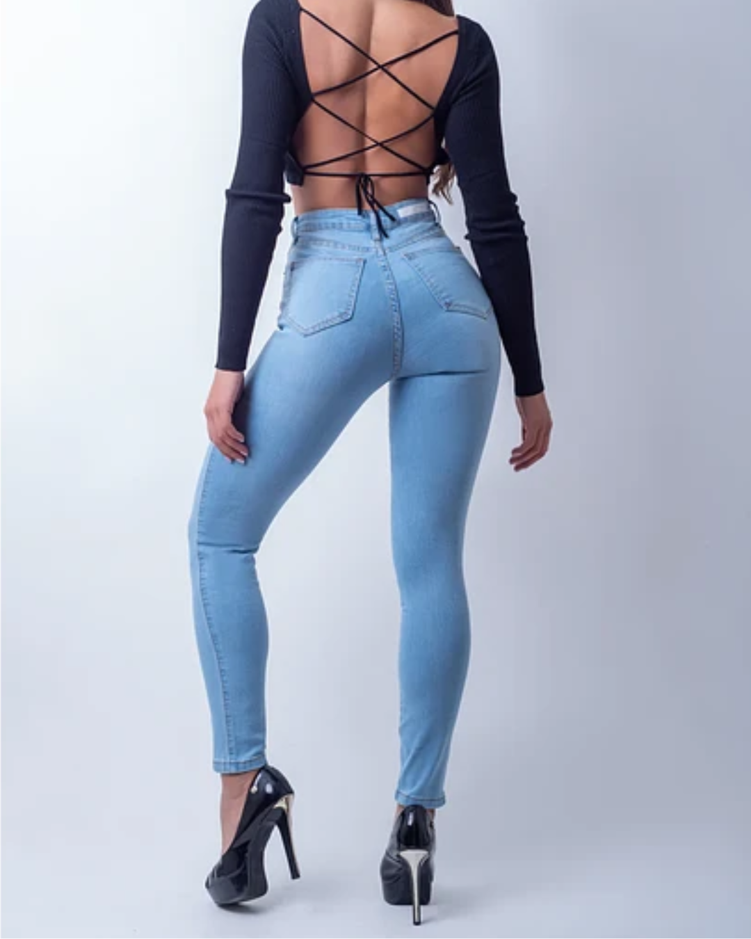 Calças de ganga clássicas de cintura alta para mulher