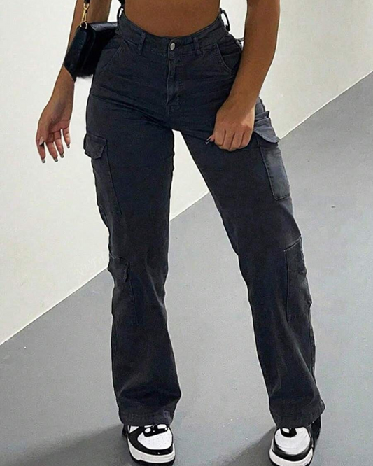 Calças de Cintura Alta Cargo para Mulher com Vários Bolsos