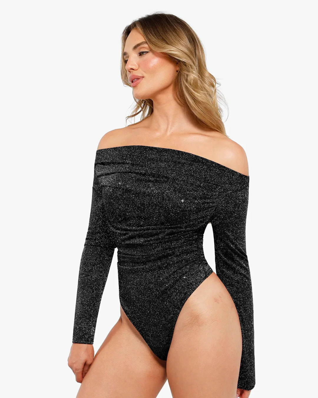 Body Modelador de Manga Longa com Tecido Metalizado Brilhante