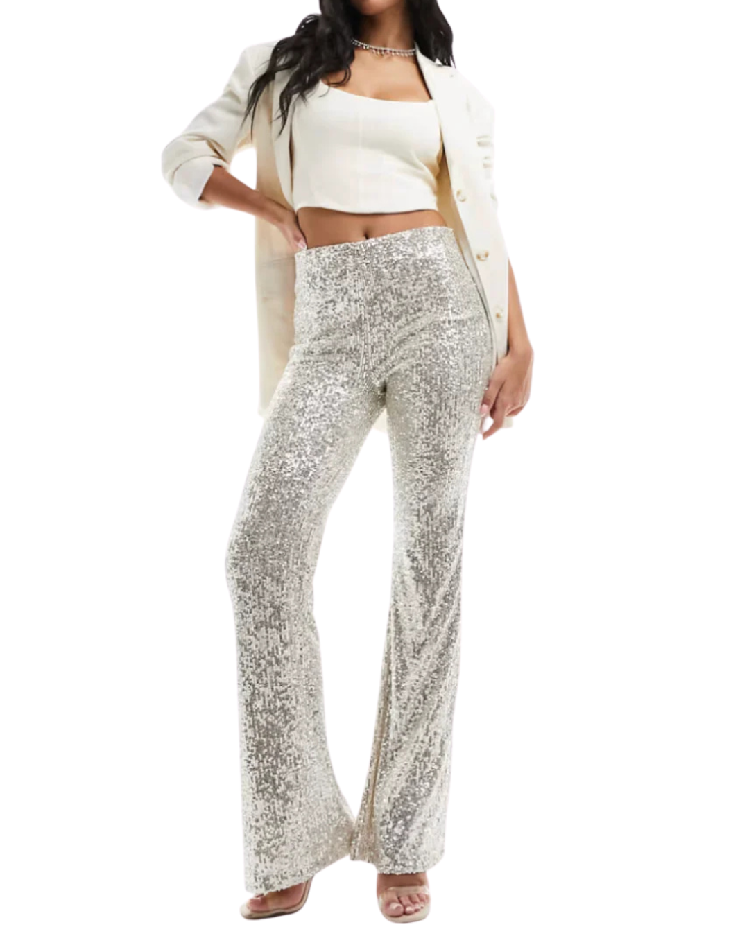 Calças com lantejoulas de cintura alta