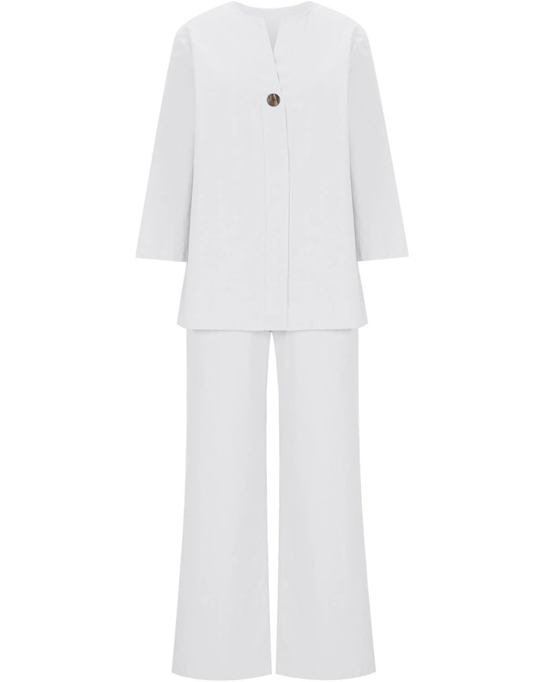 Conjunto casual feminino de duas peças em algodão e linho com decoração de botões