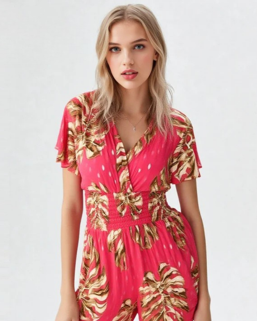 Macacão curto casual com estampado de folhas e decote em V