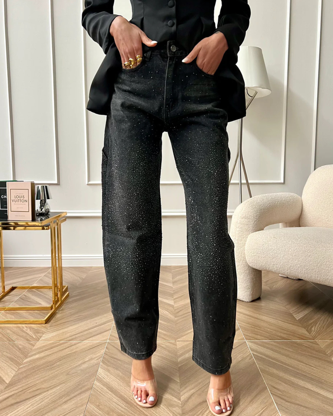 Calças de Ganga Largas com Pormenores de Diamantes e Estilo Cargo