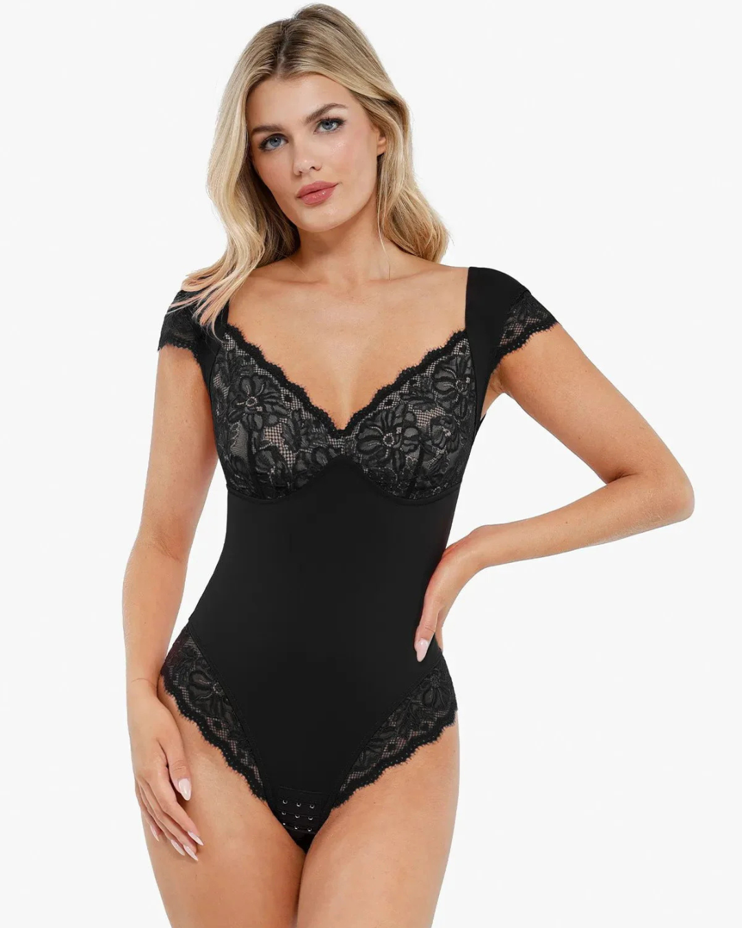 Body para Modelar o Corpo com Copa de Renda Adelgaçante e Mangas Curtas
