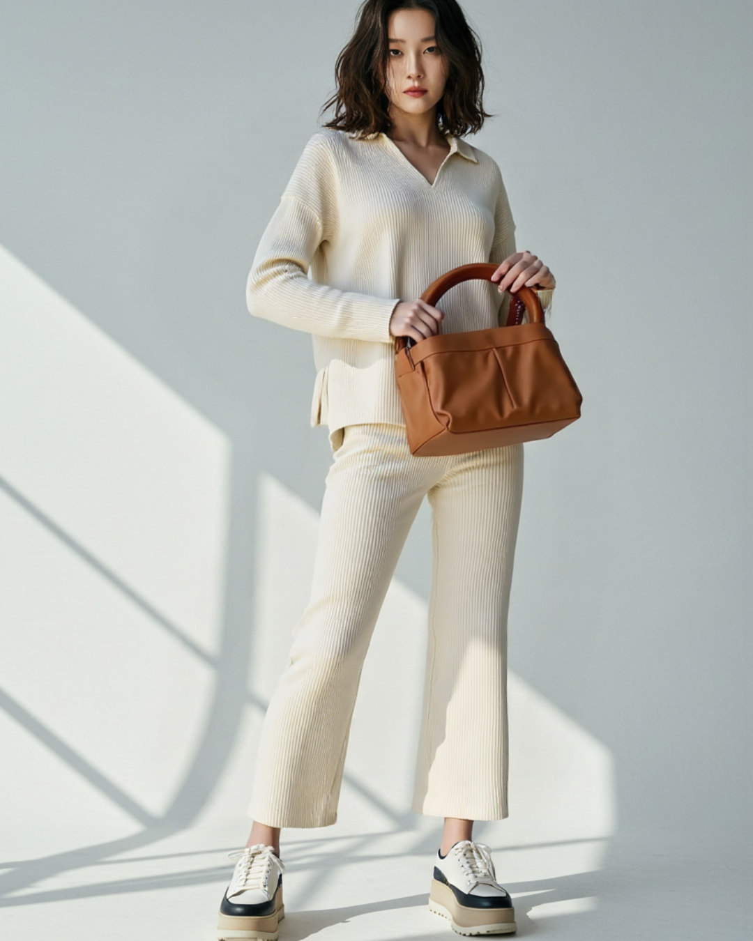 Conjunto folgado de duas peças com camisola com decote em V para mulher