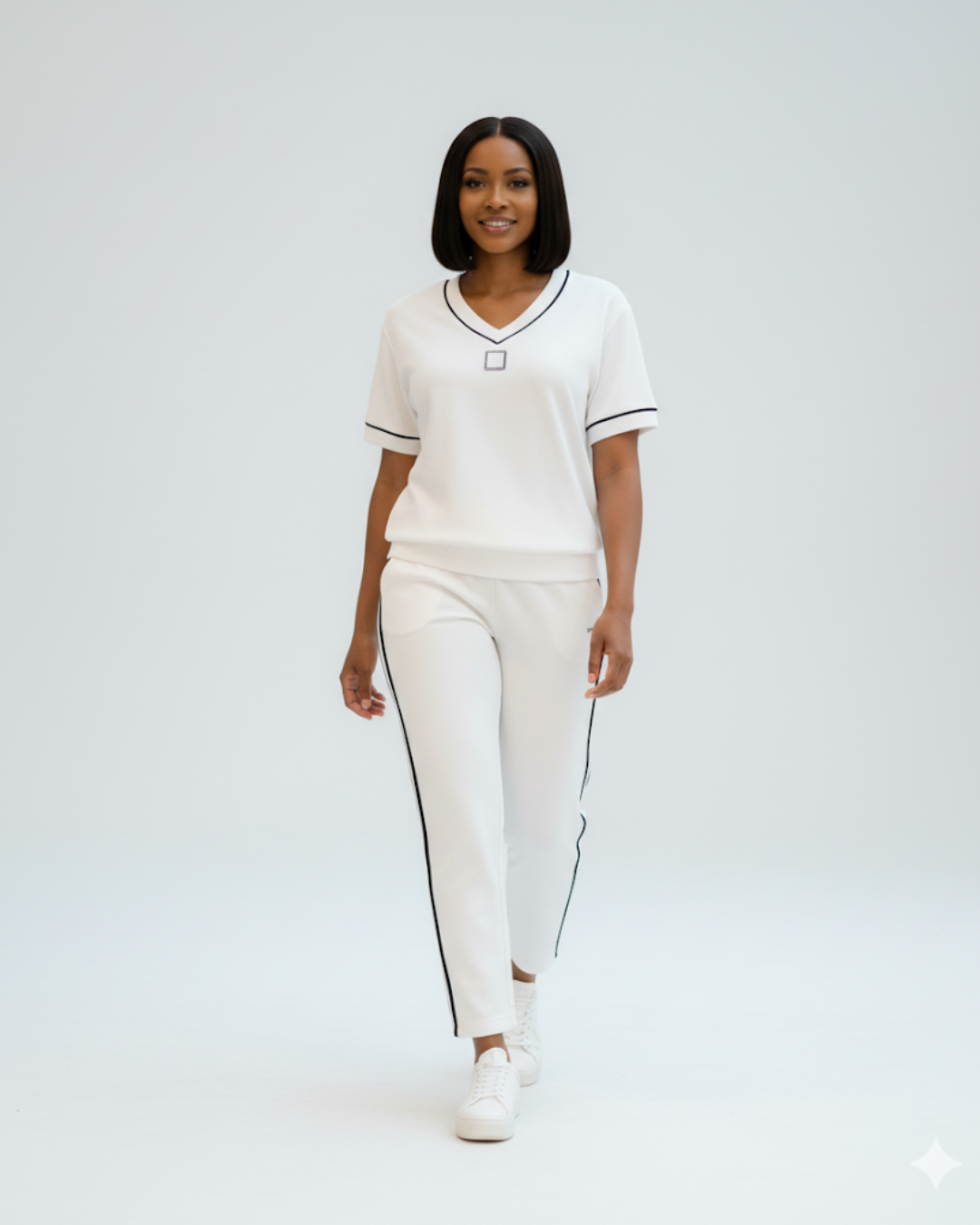 Conjunto elegante de top e calças com decote em V