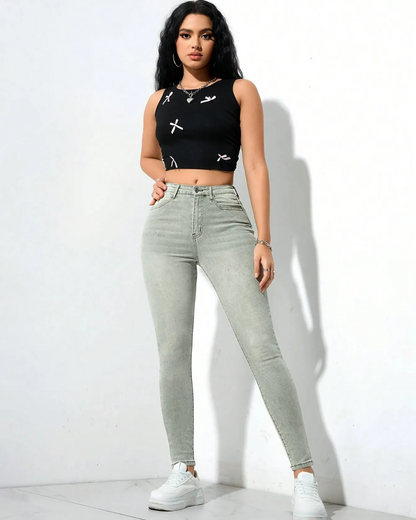 Calças de ganga clássicas de cintura alta para mulher