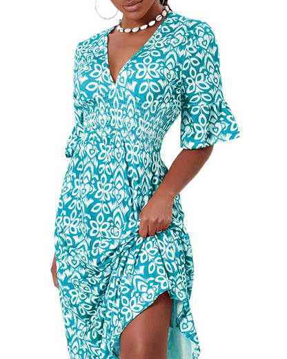 Vestido Comprido Cruzado com Decote em V e Estampado Boémio Casual