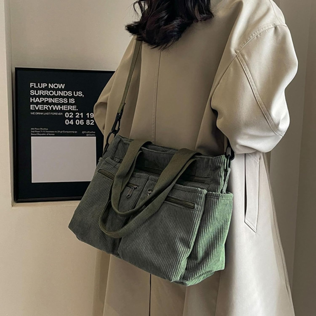 Bolsa de Bombazina com Vários Compartimentos e Design Casual, Ideal para o Dia a Dia e para Viagens.