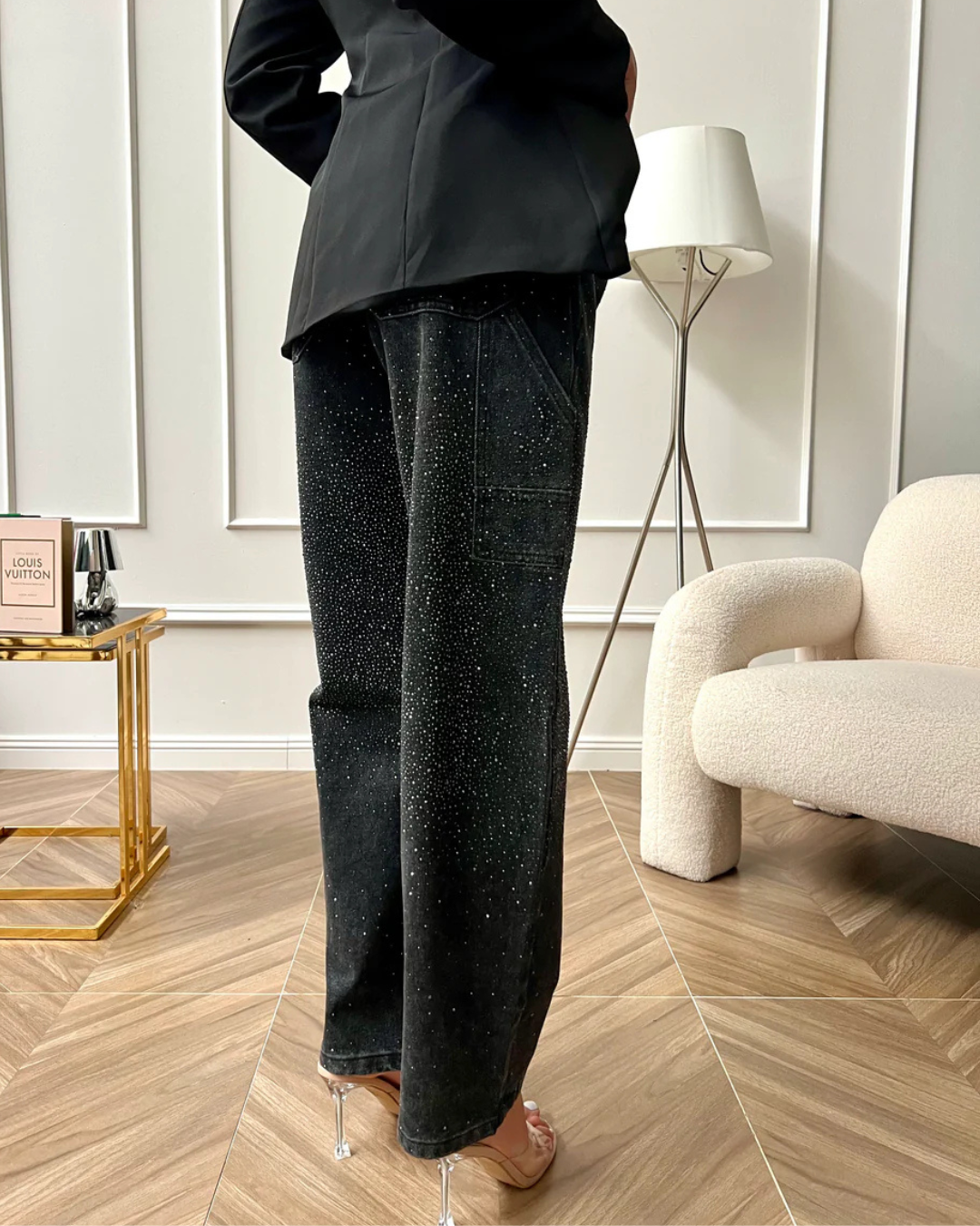 Calças de Ganga Largas com Pormenores de Diamantes e Estilo Cargo