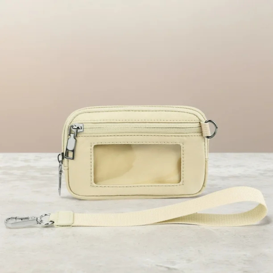 Mini carteira de nylon com janela de identificação e fecho de correr