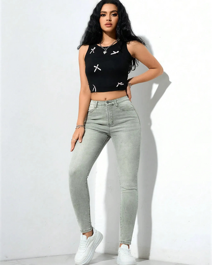 Calças de ganga clássicas de cintura alta para mulher