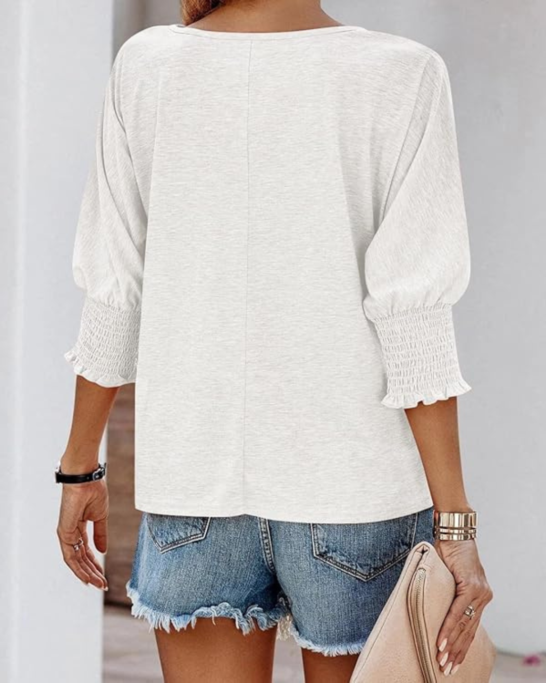 Blusa Casual de Manga 3/4 com Punhos com Folhos para Mulher