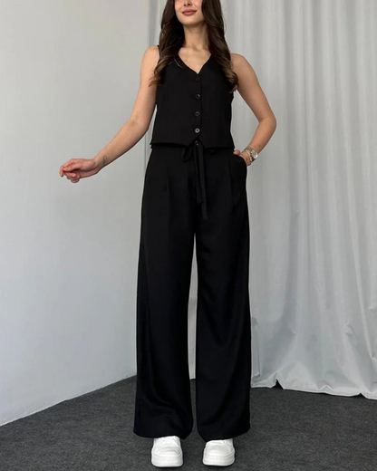 Conjunto de duas peças de colete e calças com cintura ajustável