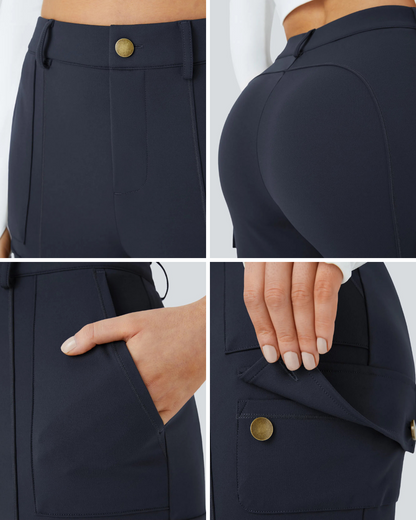 Calças de Passeio Lisas e Ajustadas com Cintura Alta e Vários Bolsos para Mulher