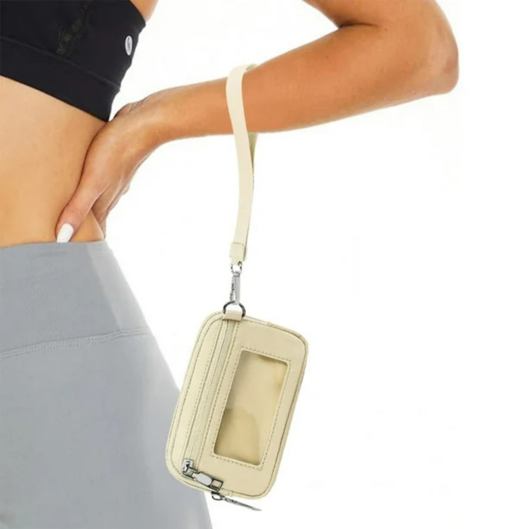 Mini carteira de nylon com janela de identificação e fecho de correr