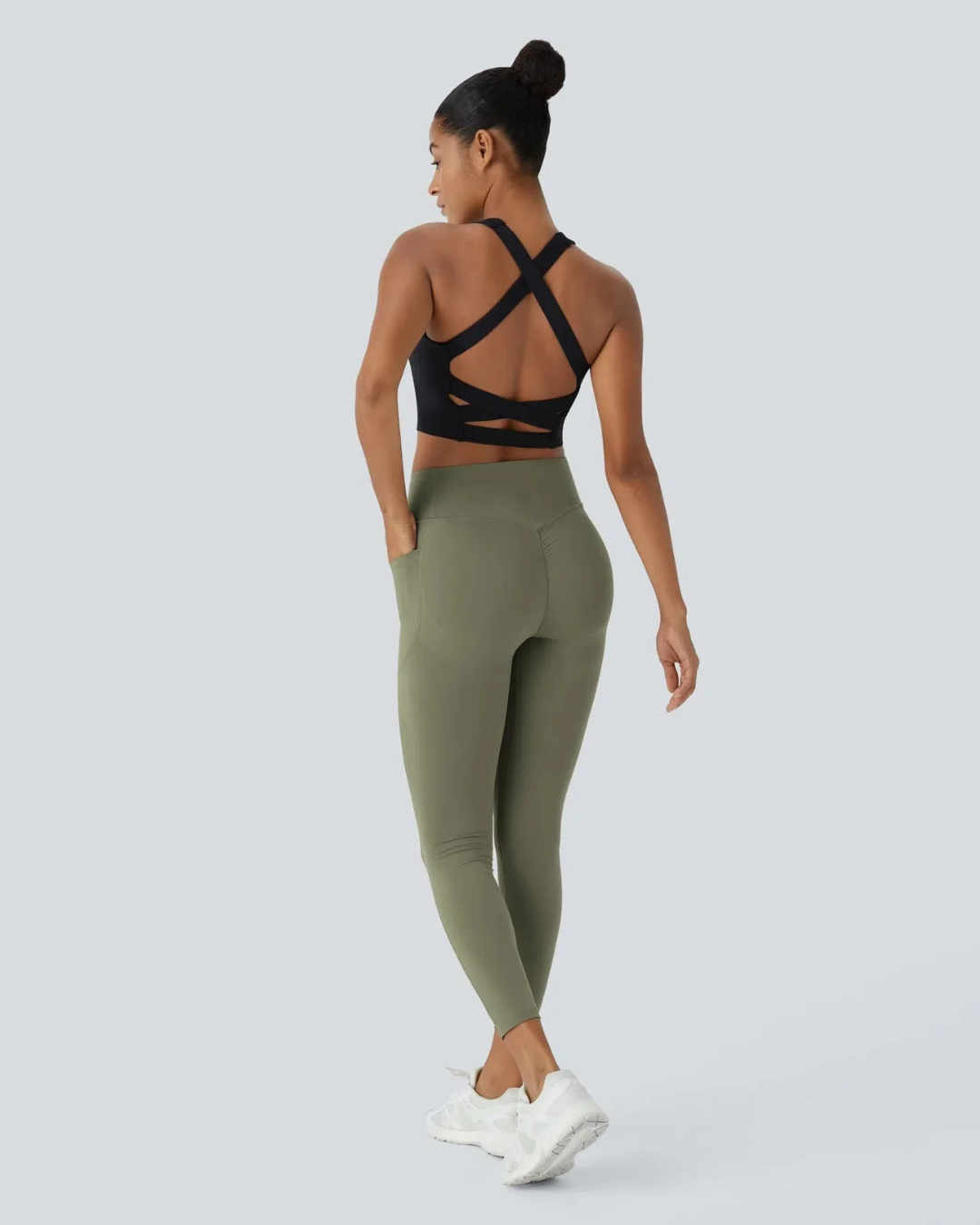 Leggings Modeladoras de Cintura Subida com Bolsos Laterais Controlo da Barriga e Aumento das Nádegas