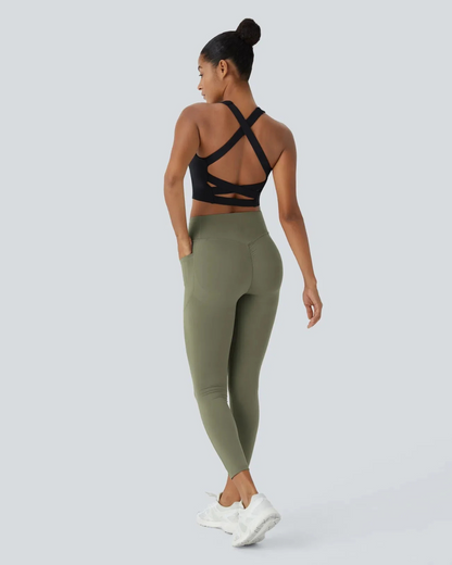 Leggings Modeladoras de Cintura Subida com Bolsos Laterais Controlo da Barriga e Aumento das Nádegas