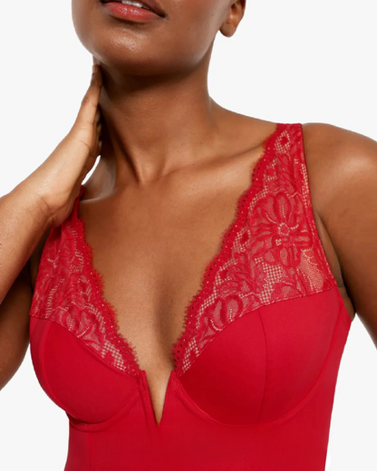 Body Modelador com Decote em V Profundo e Inserção de Renda