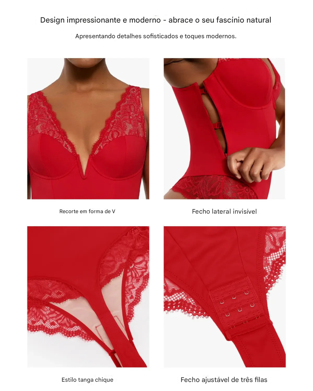 Body Modelador com Decote em V Profundo e Inserção de Renda