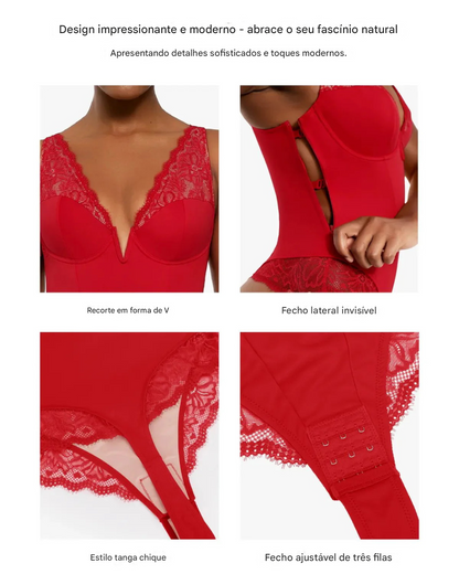 Body Modelador com Decote em V Profundo e Inserção de Renda