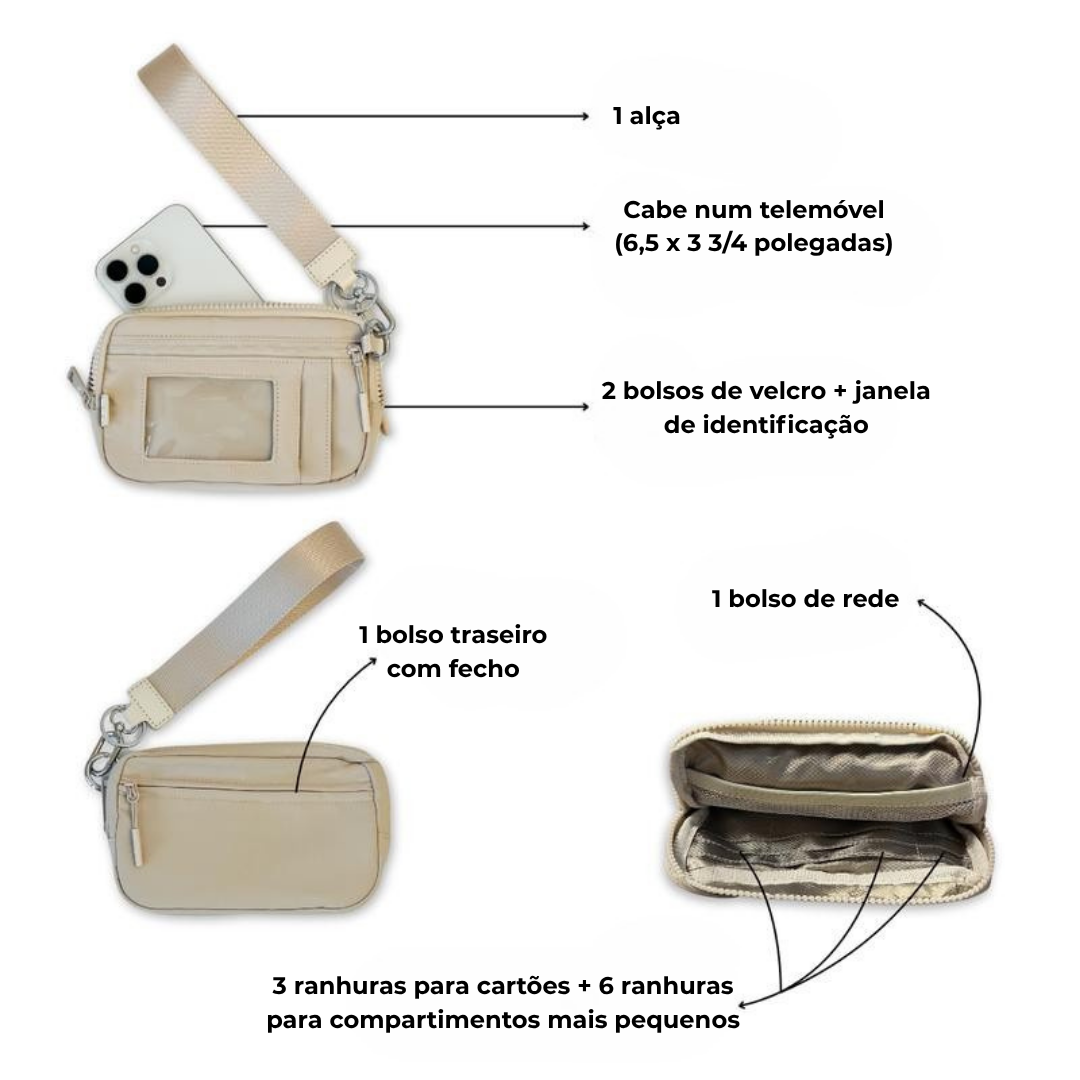 Mini carteira de nylon com janela de identificação e fecho de correr