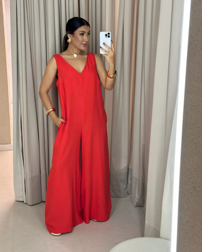 Macacão casual feminino com decote em V