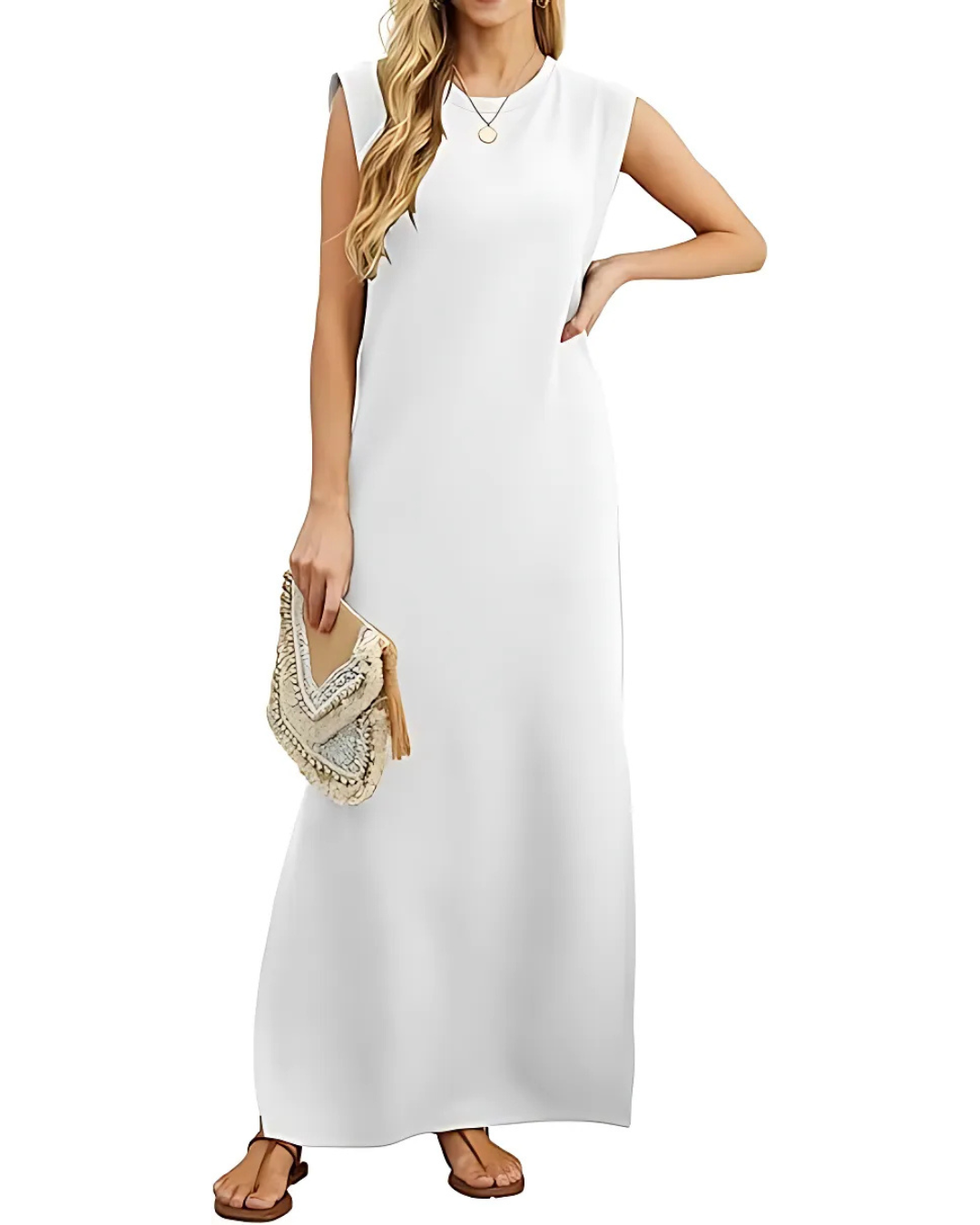 Vestido comprido e solto com bolsos laterais