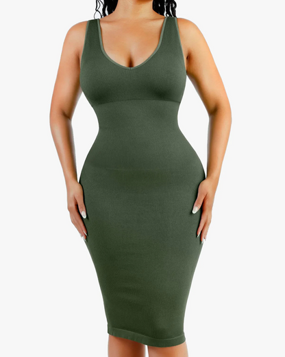 Vestido modelador com decote em V profundo e controlo da barriga