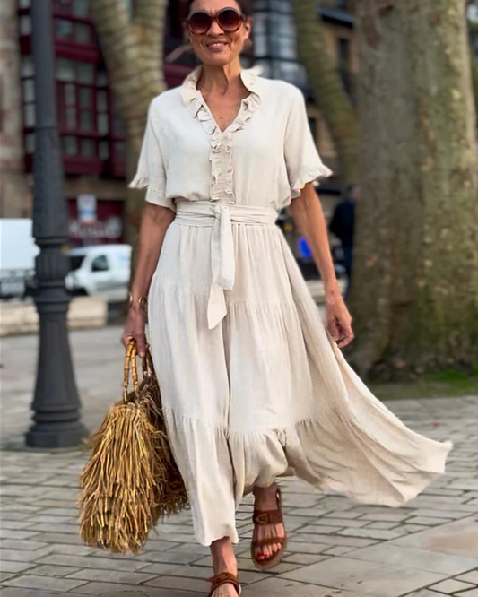 Vestido longo de linho, com ajuste no meio