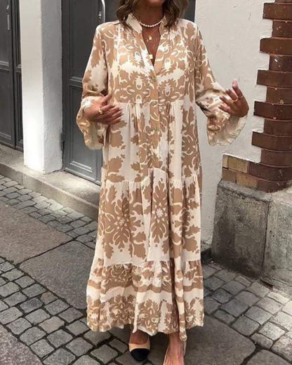 Vestido comprido estilo Boho com mangas compridas e folho escalonado