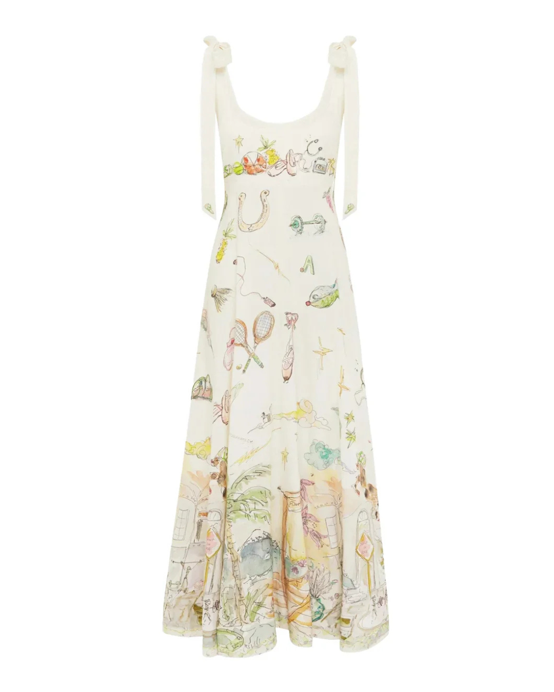 Vestido comprido com folhos e pormenor de laço com estampado de ballet